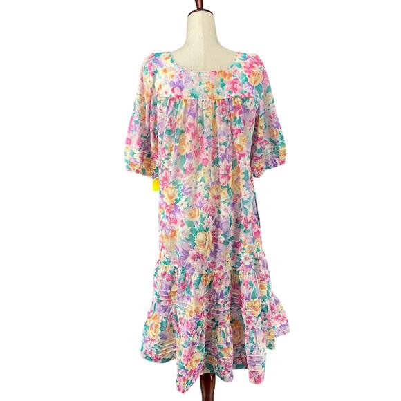 Vtg 80s 90s Two Potato Granny Pastel Floral Midi Tiered Muumuu Dress M Sheer - Picture 3 of 16